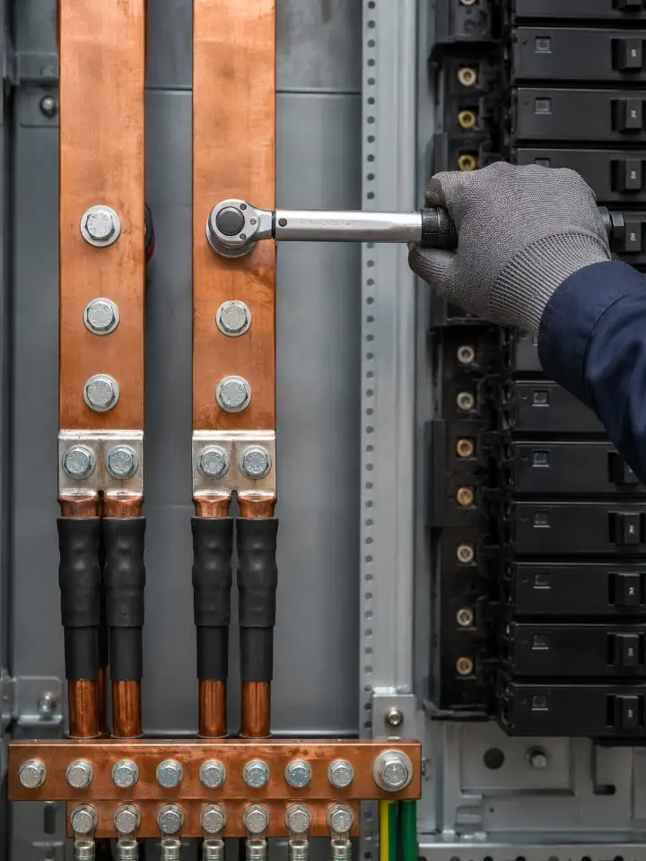 Gloved hand torquing a lug on a copper busbar inside a panelboard