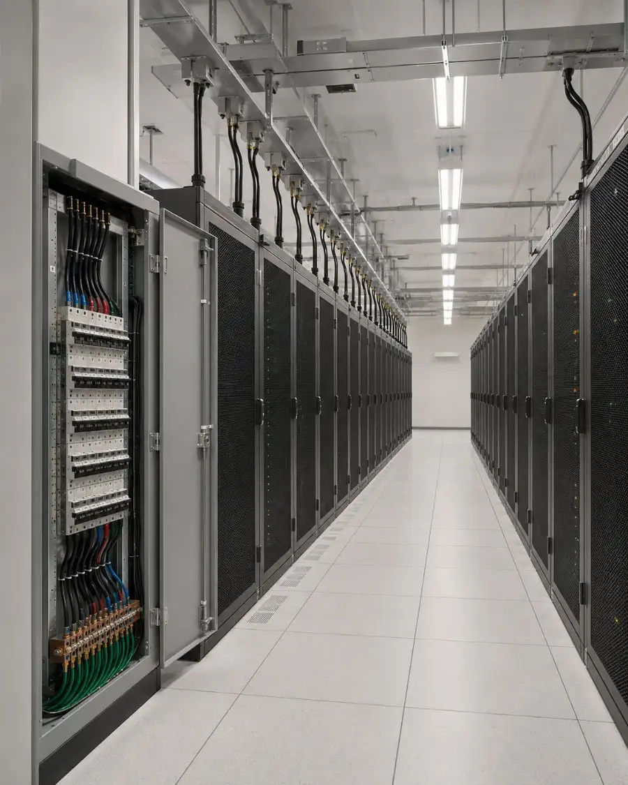 Data center hot aisle with an open remote power panel and overhead busway drops