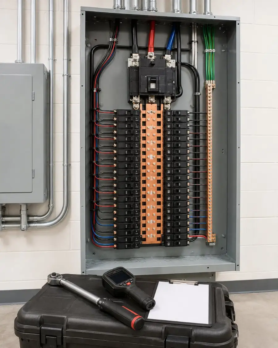 Open three-phase panelboard during a preventive maintenance inspection, with torque wrench and thermal camera