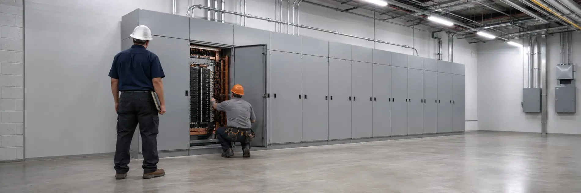 Two SET electricians working at an open switchgear lineup in a commercial electrical room